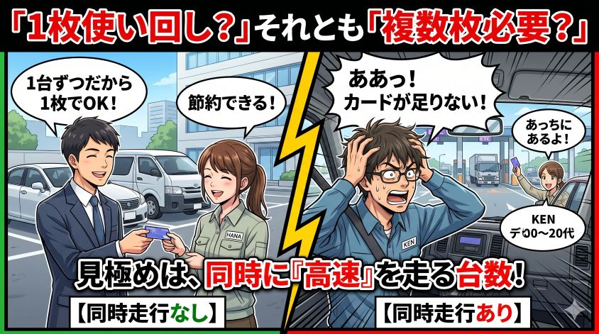 「『1枚使い回し?』それとも『複数枚必要?』」と題したイラスト。同時に高速道路を走る台数で見極めるべきとし、同時走行なしなら1枚で節約でき、同時走行がある場合はカードが足りなくなるというリスクを、対照的な状況を描いて比較しています。